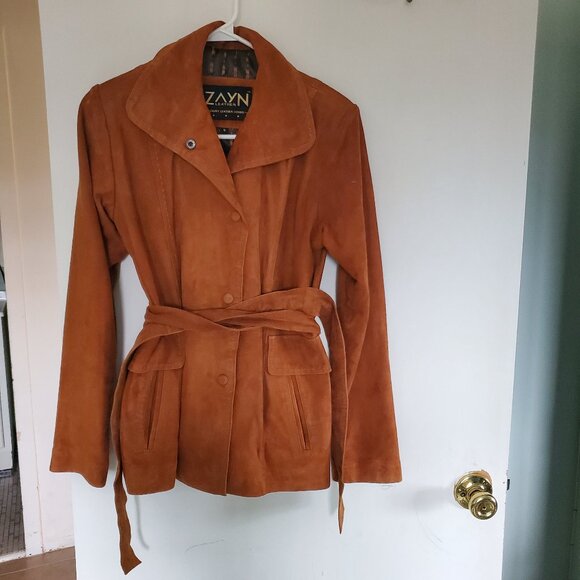 Belted jacket in Genuine suede.  Rust color - Picture 1 of 4